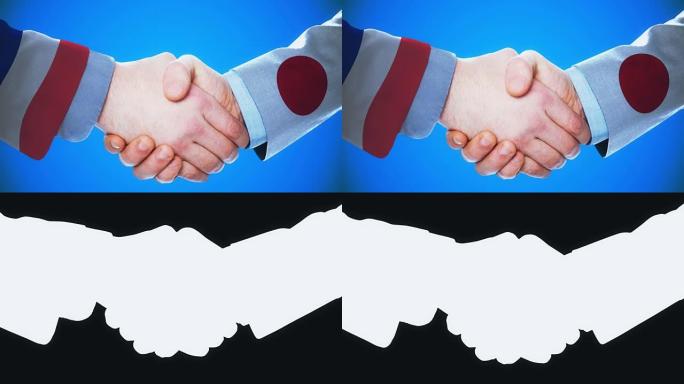 法国-日本/握手概念动画国家和政治/与磨砂频道