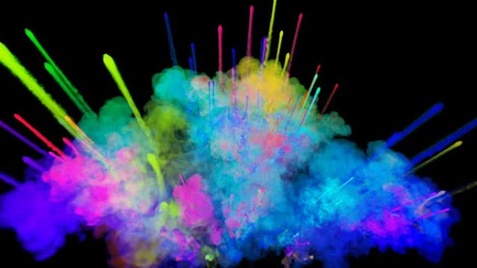 黑色背景上孤立的粉末爆炸。粒子的3d动画作为彩色背景或叠加效果。彩虹色粉的爆发，如胡里节。29