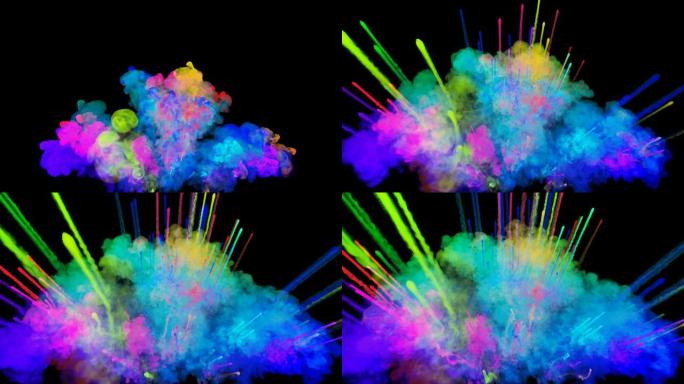 黑色背景上孤立的粉末爆炸。粒子的3d动画作为彩色背景或叠加效果。彩虹色粉的爆发，如胡里节。29