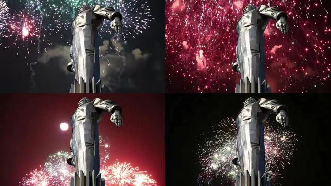 烟花在纪念碑上的尤里·加加林 (42.5米高的基座和雕像)，第一个在太空旅行的人。它位于俄罗斯莫斯科
