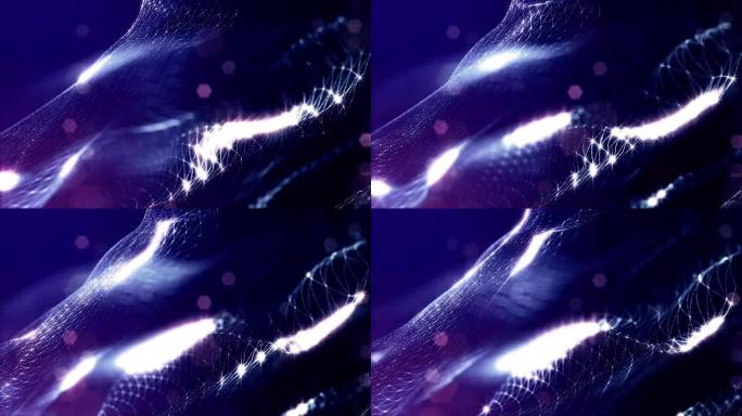 3d渲染背景与粒子和景深。循环动画，无缝镜头。深色数字抽象背景，带有美丽的发光颗粒。蓝色V11