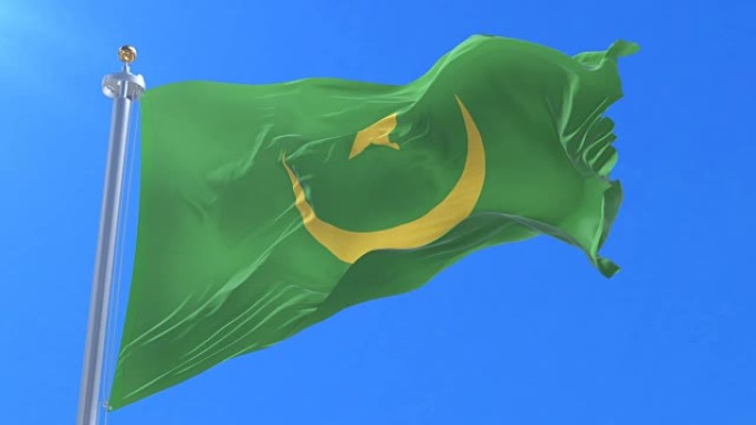 毛里塔尼亚国旗在缓慢的循环中挥舞着蓝天