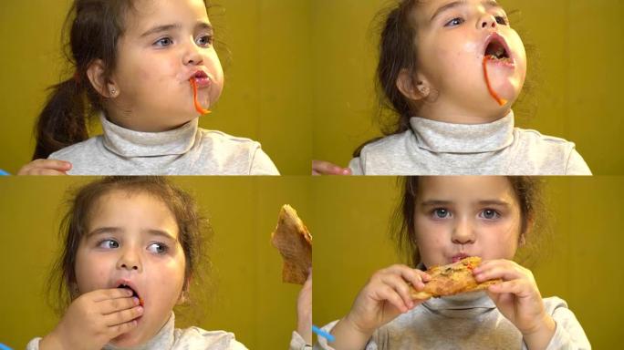 小女孩的特写镜头正在用手吃披萨。她的嘴很脏。