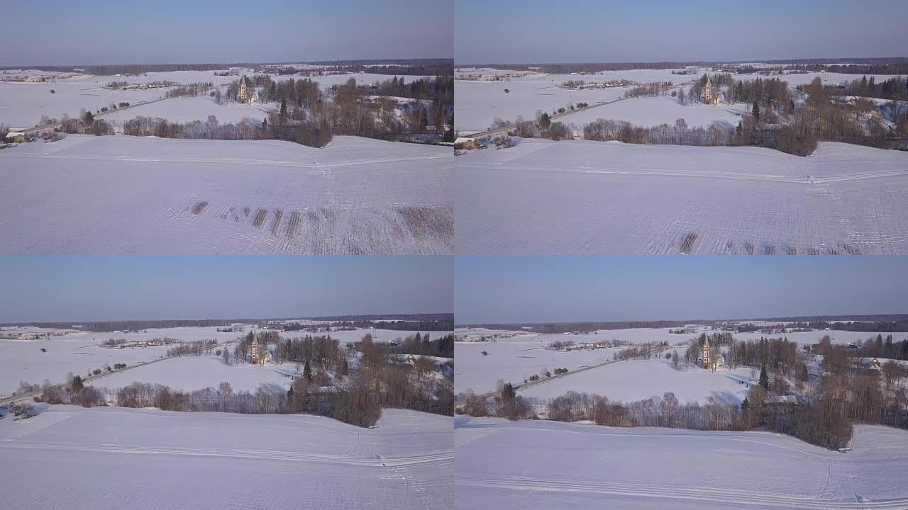 树冬季场克里木达拉脱维亚空中无人机俯视图4K UHD视频