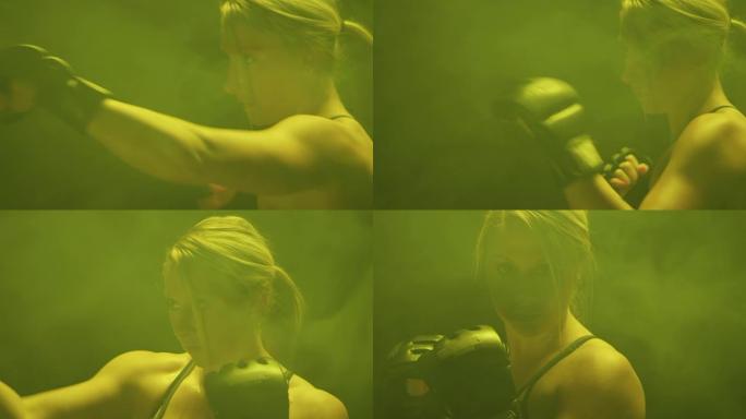 雾蒙蒙的深黄色背景上的运动高加索女子太极拳的个人资料