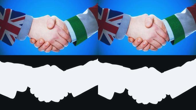英国-意大利/握手概念动画关于国家和政治/与matte频道