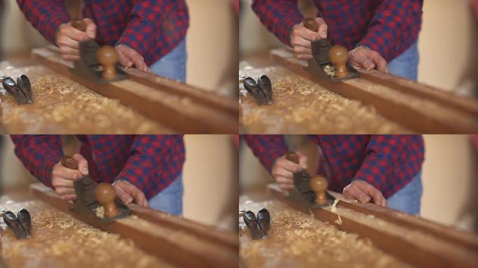 木匠刨平木材，工作场所。慢动作
