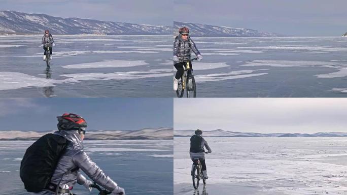 一个女人在冰上骑自行车。这个女孩穿着银色的羽绒服，背着自行车背包，戴着头盔。结冰的贝加尔湖的冰。自行