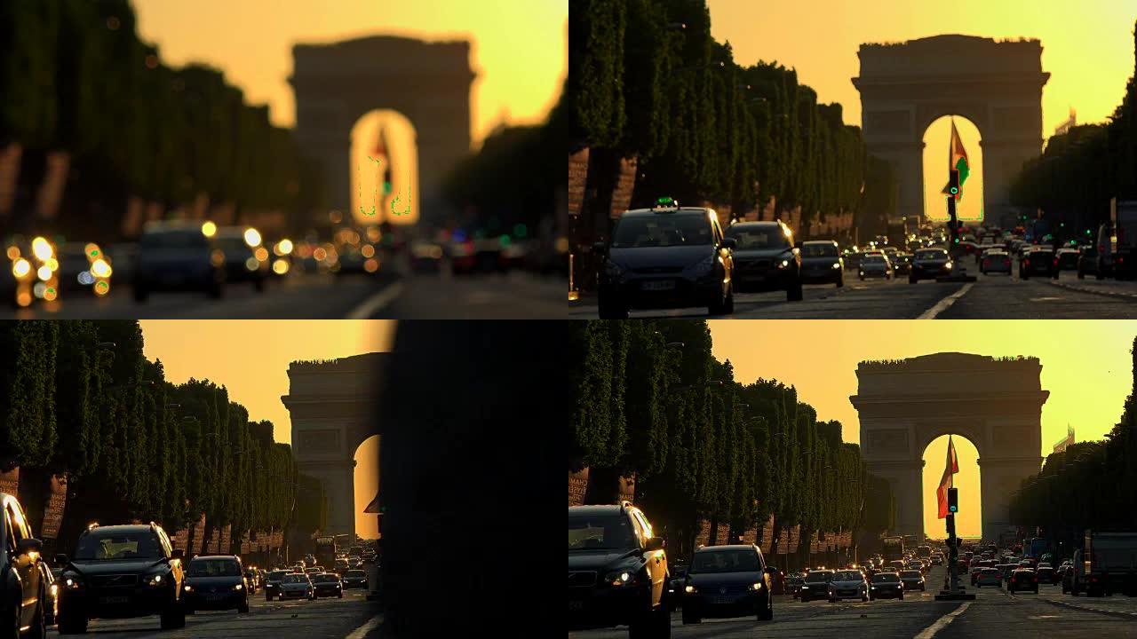凯旋门日落时的巴黎市-凯旋拱门和香榭丽舍大街