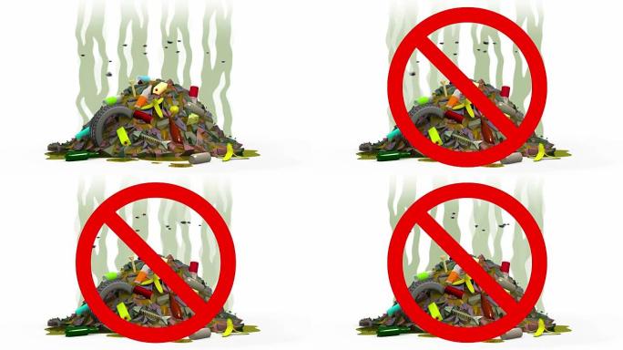垃圾场在禁止的标志。3D动画卡通风格。