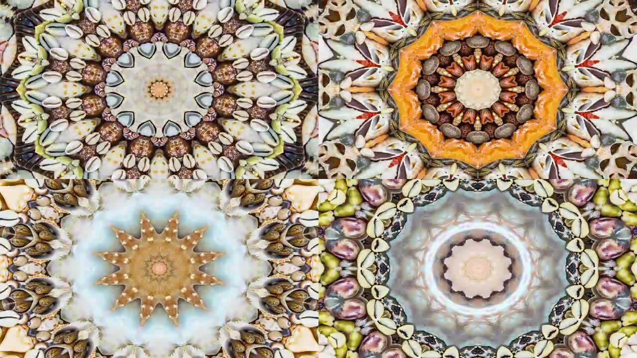 抽象干贝壳和星星概念对称图案装饰装饰万花筒运动几何圆形和星星形状