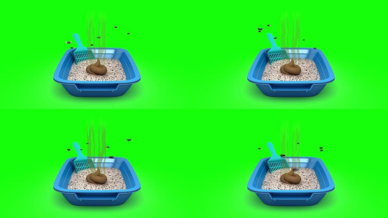 猫砂箱里的便便。3D动画。绿色屏幕，可循环。
