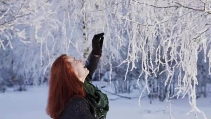 年轻快乐的女人在冬季公园的树枝上摇晃雪