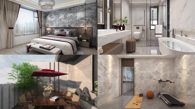 新中式客厅卧室装修三维镜头