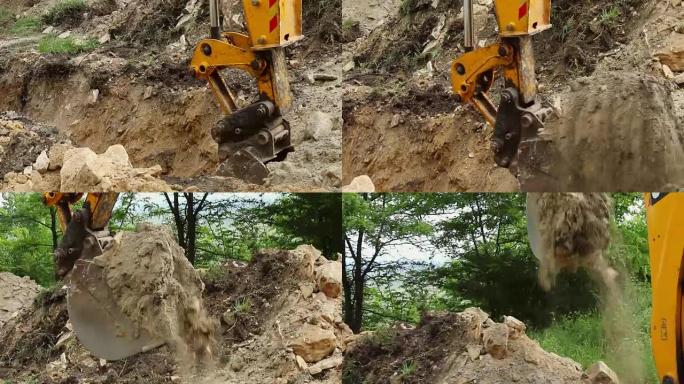 挖掘机操作和挖掘新电线的土壤。
