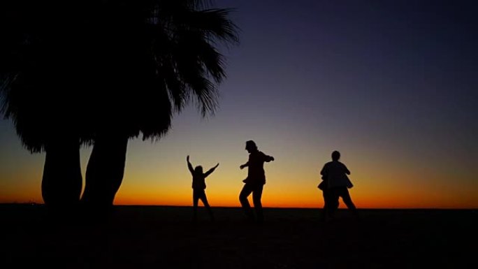 美丽的热带日落。一家四口在棕榈树下的海滩上跳舞。