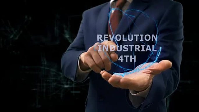 商人在他的手上展示了概念全息图革命工业第四