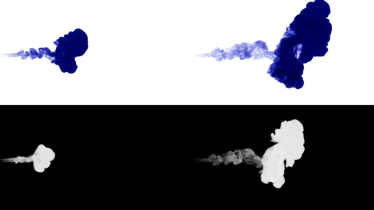 白色背景上强大的深蓝色墨水流从左到右溶解在水中。侧视图。阿尔法通道-哑光亮度。作为alpha通道使用