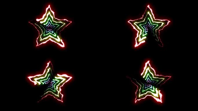 可循环彩虹霓虹灯闪电星符号形状飞行黑色背景动画新质量独特自然光效果视频素材