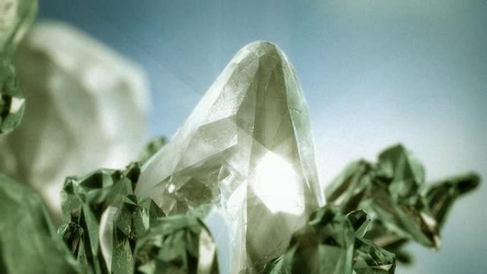 大型钻石状水晶和祖母绿旋转。