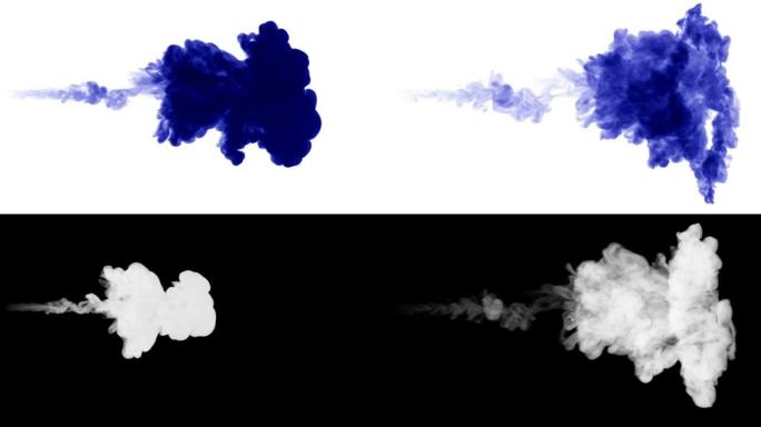 白色背景上强大的深蓝色墨水流从左到右溶解在水中。侧视图。阿尔法通道-哑光亮度。
