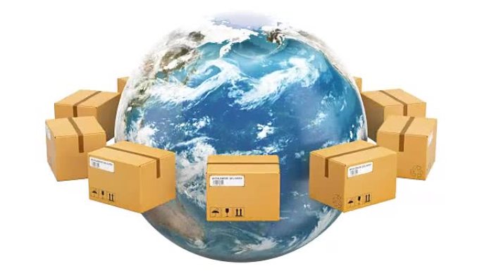 全球运输和交付概念，包裹绕地球旋转。白色背景上孤立的3D渲染