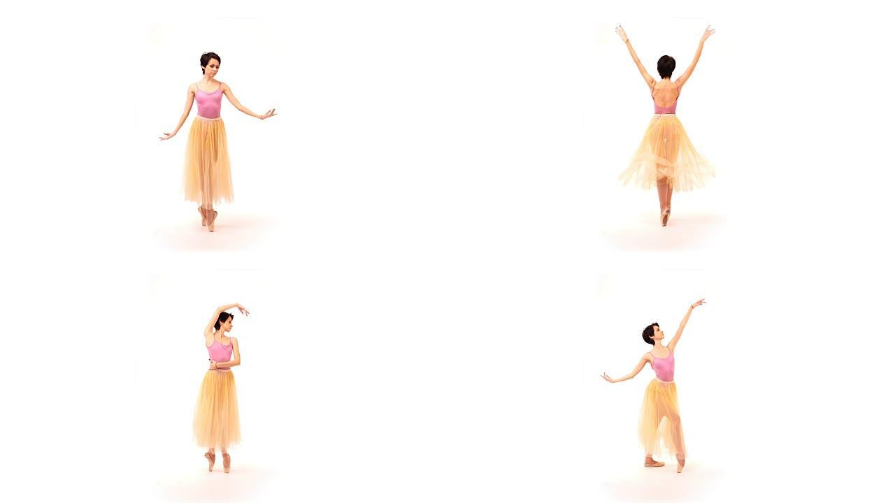 年轻的芭蕾舞演员在白色背景下的工作室里旋转并制作舞蹈技巧，称为 “木条”。