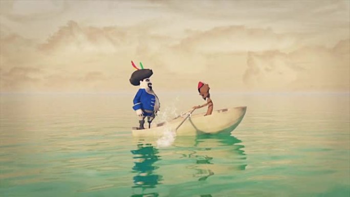 3D动画，海盗乘坐小船驶向一个小岛