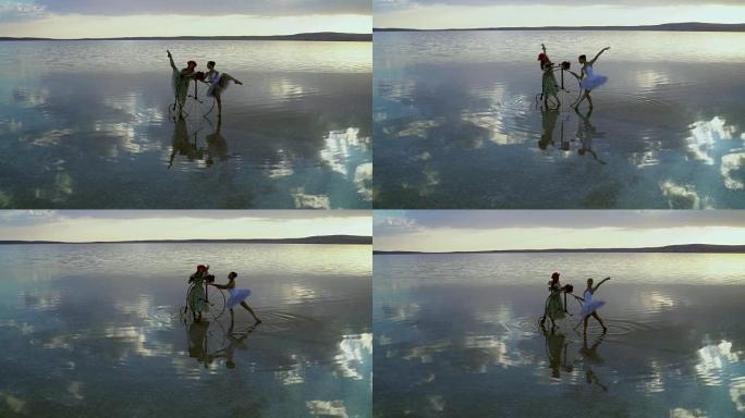 日落时湖上两个美丽的舞者。