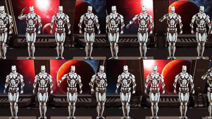 在太空和行星的背景下，太空飞船上的机器人士兵致敬。不明飞行物的未来概念