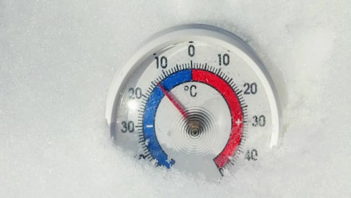 雪中室外温度计显示气温升高 -- 春季变暖天气概念