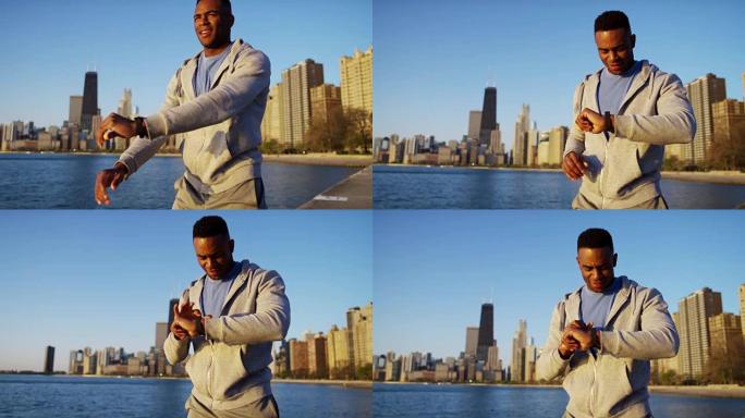 非裔美国男性失重训练佩戴智能手表
