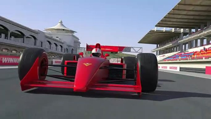 红色赛车穿越终点线并赢得比赛-4k 3D动画