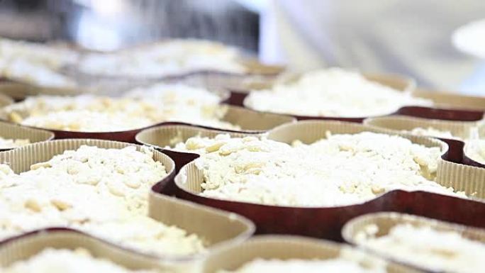 糕点厨师用手将糖粉撒在面团上，用于复活节蛋糕鸽子