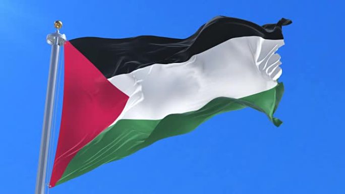 巴勒斯坦的旗帜在缓慢的循环中挥舞着蓝天
