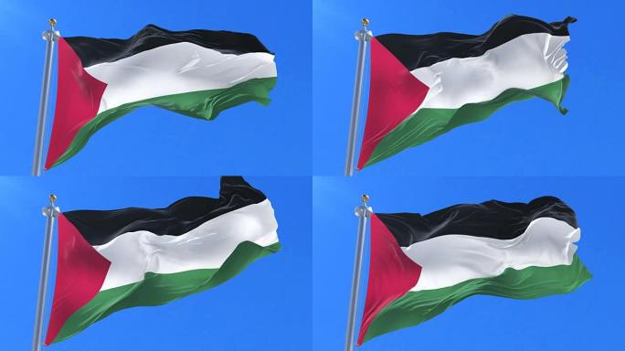 巴勒斯坦的旗帜在缓慢的循环中挥舞着蓝天