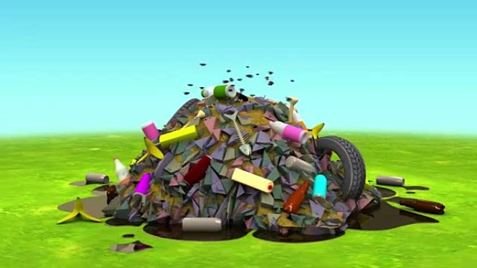 草坪上的垃圾填埋场。卡通风格的3D动画，可循环。