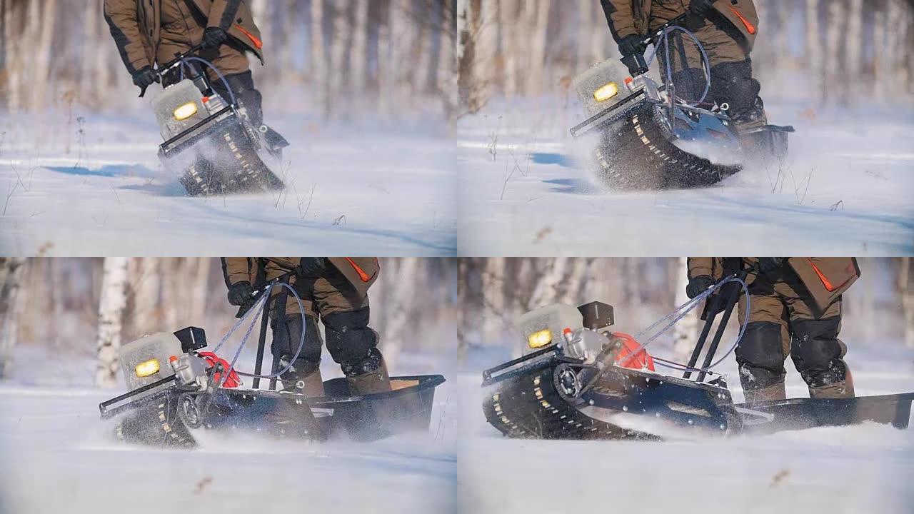 迷你雪地摩托克服、操纵和转向深雪