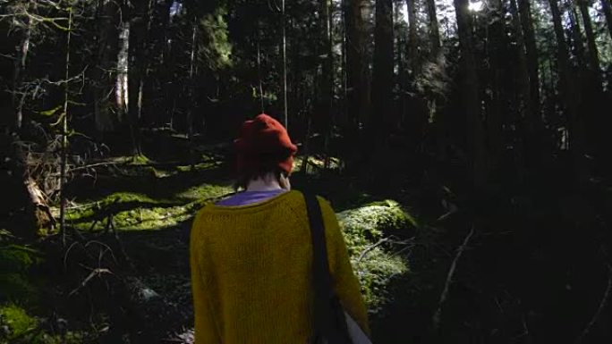 一位活跃的健康时髦女孩-摄影师手里拿着相机走过森林。低调60 FPS慢动作。GoPro 6黑色，带三