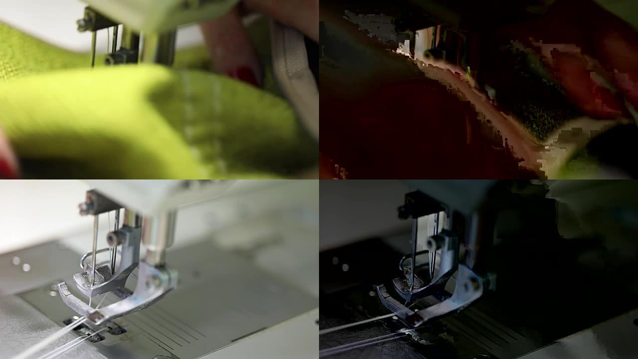 在缝纫机上工作的女人，两针缝纫机，女性手上的红色美甲，慢动作视频，特写，浅景深