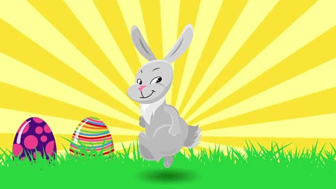 可爱的跳舞兔子兔子和蹦蹦跳跳的鸡蛋。节日快乐复活节贺卡动画。无缝循环运动背景。