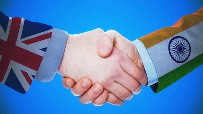 英国-印度/握手的概念动画国家和政治/与matte频道