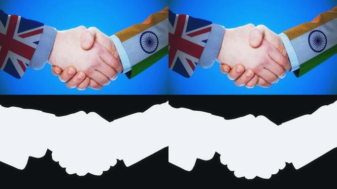 英国-印度/握手的概念动画国家和政治/与matte频道