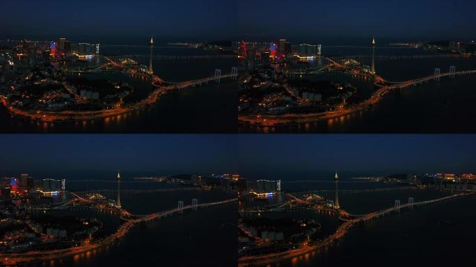 夜景照明珠海市澳门城市景观航空全景4k中国