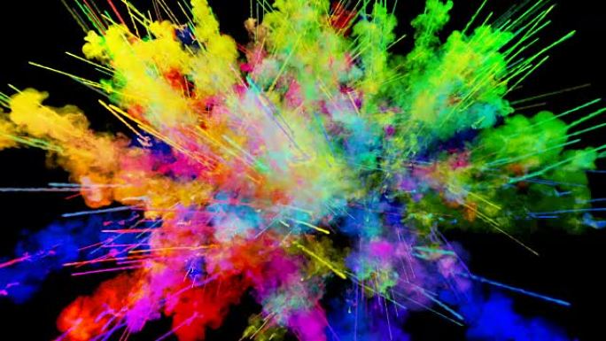 黑色背景上孤立的粉末爆炸。粒子的3d动画作为彩色背景或叠加效果。彩虹色粉的爆发，如胡里节。54