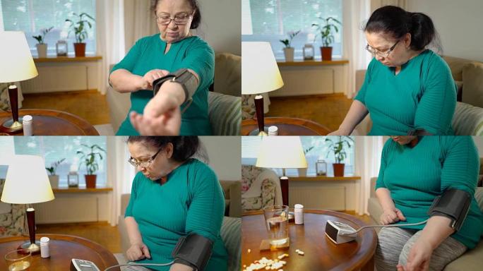 一名老年妇女在家中测量血压