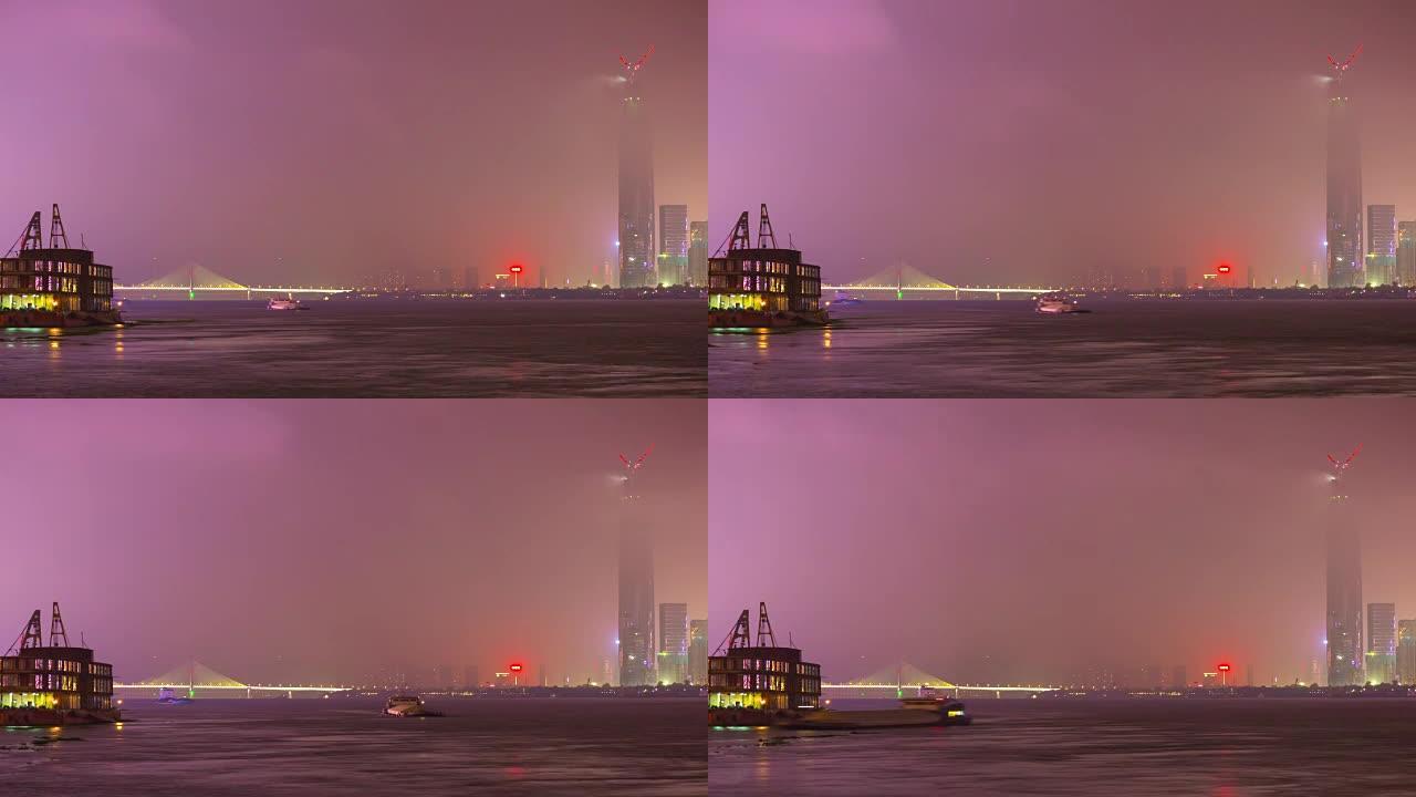 夜间照明武汉市河滨湾巨震大厦全景4k延时中国