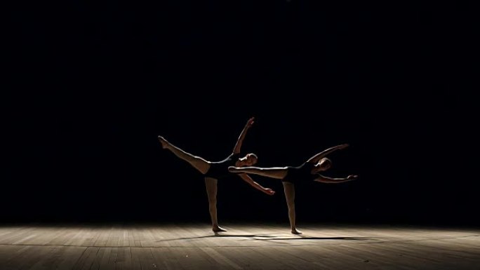 两个芭蕾舞演员在黑暗中的舞台上跳舞。