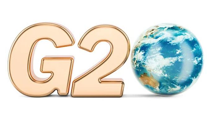 G20概念。带有旋转地球仪的金色铭文，白色背景上孤立的3D渲染