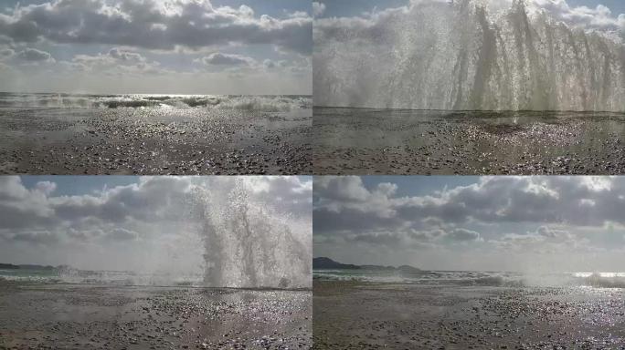 海上海浪冲击石墩